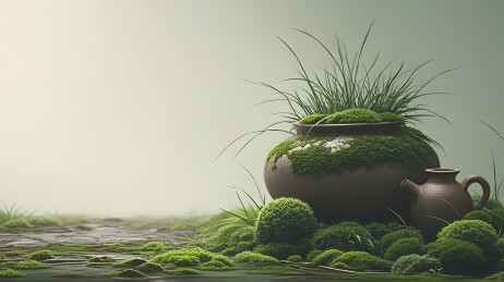 青苔陶罐绿植静物雾气场景