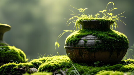 古陶罐青苔嫩芽自然生态场景