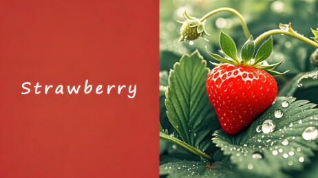 鲜红草莓带水珠绿叶特写