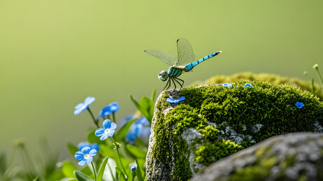 蓝绿蜻蜓青苔岩石蓝色小花
