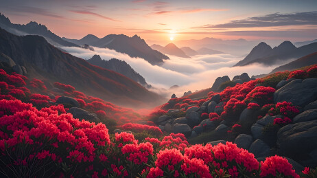 红杜鹃花海山间日出云海