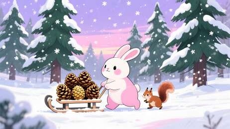 白兔拉雪橇松果雪林场景