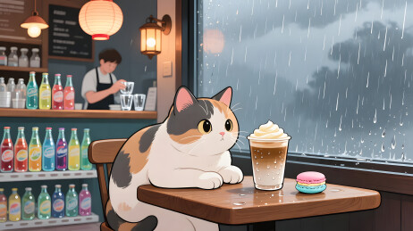 三花猫咖啡馆雨天窗边冰咖啡