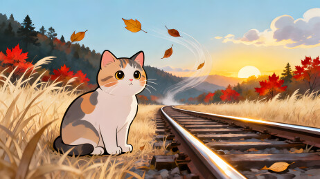 三花猫坐铁轨秋日黄昏风景