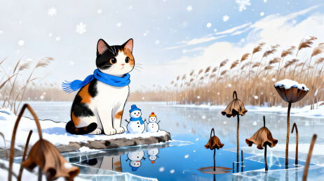 三花猫蓝围巾雪景冰面枯荷