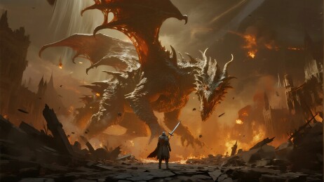 勇士直面毁灭城市中的喷火龙