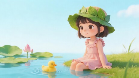 卡通女孩与小鸭池塘边玩耍
