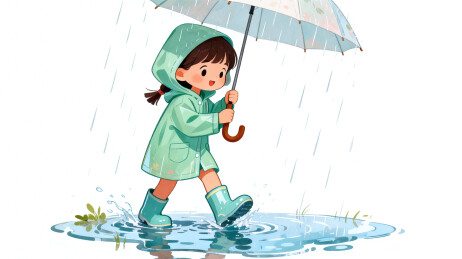 女孩穿雨衣撑伞踩水坑行走