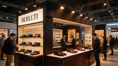 这是一家BERLUTI鞋店的展示区，顾客正在浏览和试穿鞋子