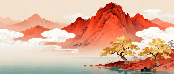 山水画中红山金树云雾缭绕