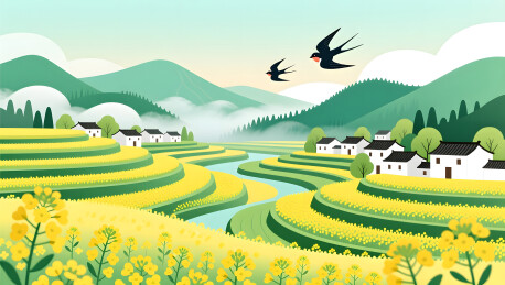春季乡村梯田与油菜花海交织如画