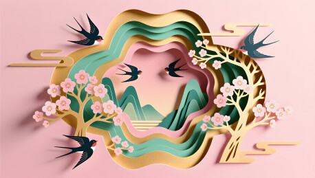 春分节气精美纸雕风格山水装饰画