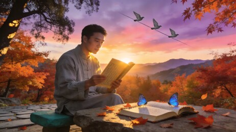 秋日夕阳下，男子在石凳上阅读书籍，蝴蝶飞舞，鸟儿翱翔于空中