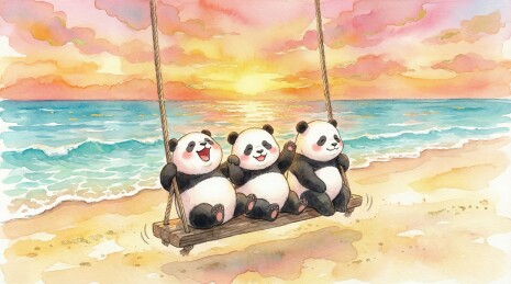 唯美水彩：海边落日沙滩荡秋千的熊猫