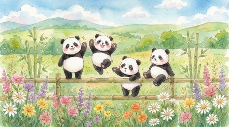 治愈水彩：坐在花海竹篱笆上的熊猫