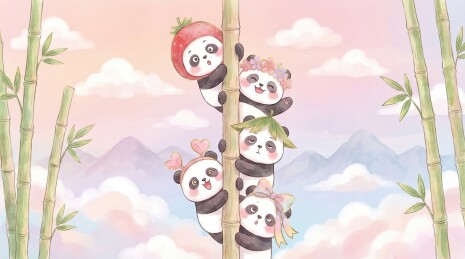 水彩插画：戴可爱头饰爬竹子的熊猫