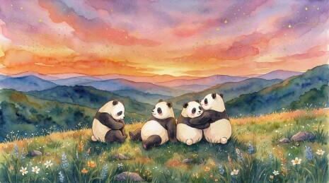 治愈系水彩：在山坡草地观看落日的熊猫
