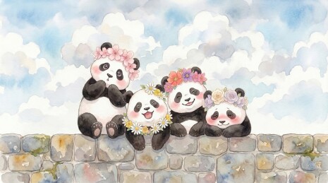 唯美水彩：戴花环坐在石墙上的熊猫一家