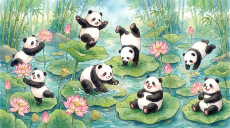 水彩插画：荷塘荷叶间嬉戏的可爱大熊猫