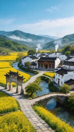 油菜花田、古桥和传统建筑构成一幅宁静美丽的乡村风景画