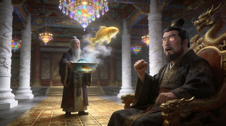一位老者端着金鱼给坐在龙椅上的男子看