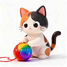 3d卡通风格三色猫玩彩色毛线球