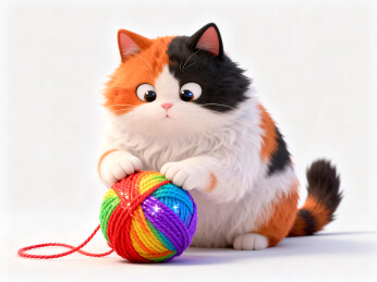 3d卡通风格三色猫玩彩色毛线球