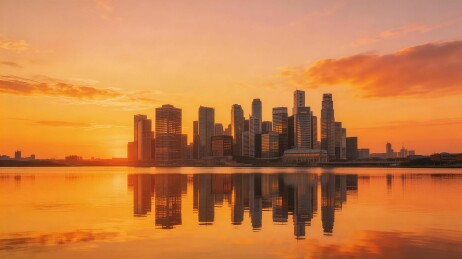 夕阳映照城市天际线