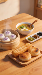 蒸笼包子热汤煎饼小菜