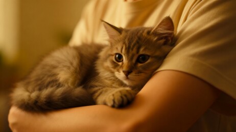 猫咪依偎主人怀中温馨画面