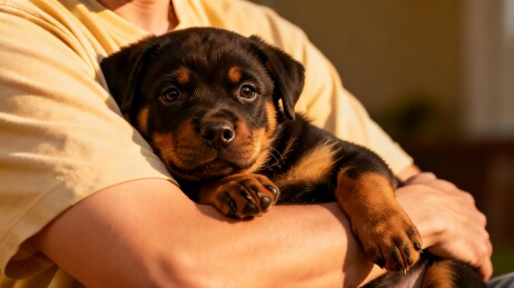 人怀抱罗威纳幼犬温馨画面