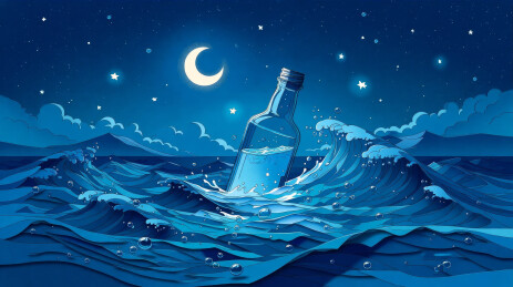 星空月色下波涛汹涌海面漂流瓶插画