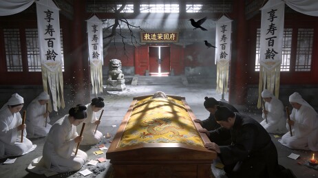 一群身着白衣的人围绕在棺材前，似乎在进行某种仪式或活动