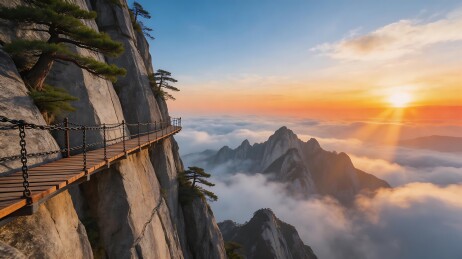 日出时分的悬崖栈道风景图