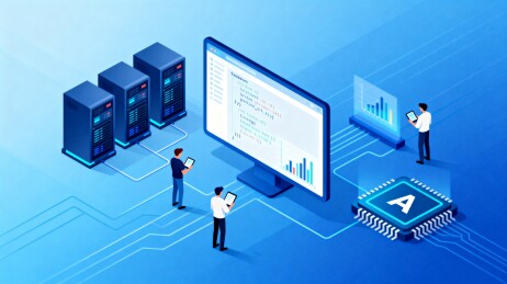 科技人员操作服务器与电脑