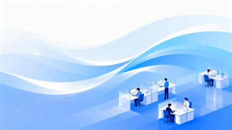 蓝色办公区多人工作场景插画