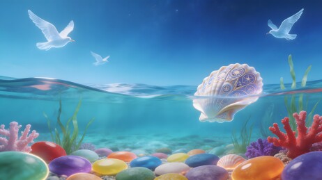 梦幻海景贝壳与飞鸟