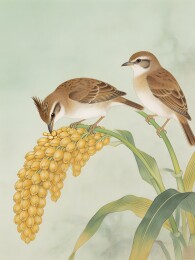 两只小鸟栖息谷穗之上