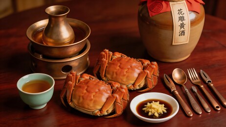 图片展示了一顿精致的餐点，包括螃蟹、花雕黄酒和姜醋蘸料等