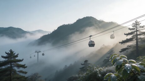 缆车穿越云雾缭绕的山间景色