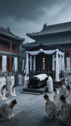 一群穿着白色衣服的人跪在棺材前，似乎在进行一场葬礼仪式