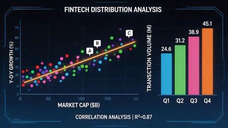 金融科技市场分析图表，显示市场规模与增长率的分布和相关性