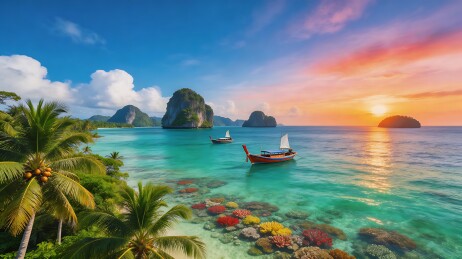 椰林、珊瑚礁、小船和日落的海滩风景