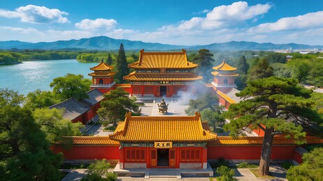 皇家园林，湖光山色，古建筑群，绿树成荫