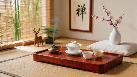 日式茶道场景，包括木制托盘、茶具和装饰品