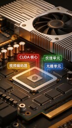 这是一张显卡芯片的特写照片，显示了其内部结构和散热风扇