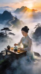 女子在山顶品茶，背景是日出和云雾缭绕的山景