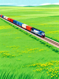 绿色草原上的行驶的中欧班列