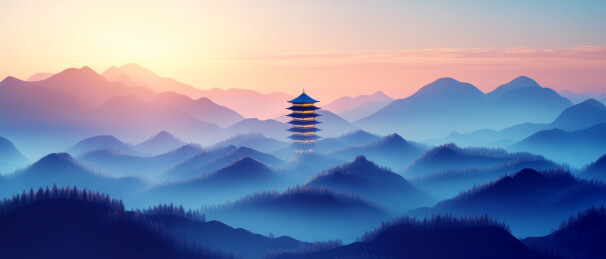 山间塔影晨曦图