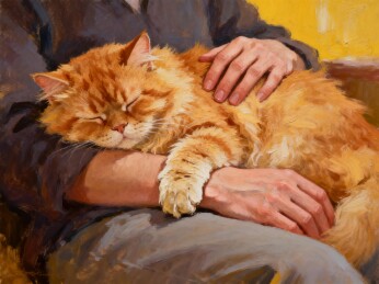 橘猫安睡主人怀中温馨画面